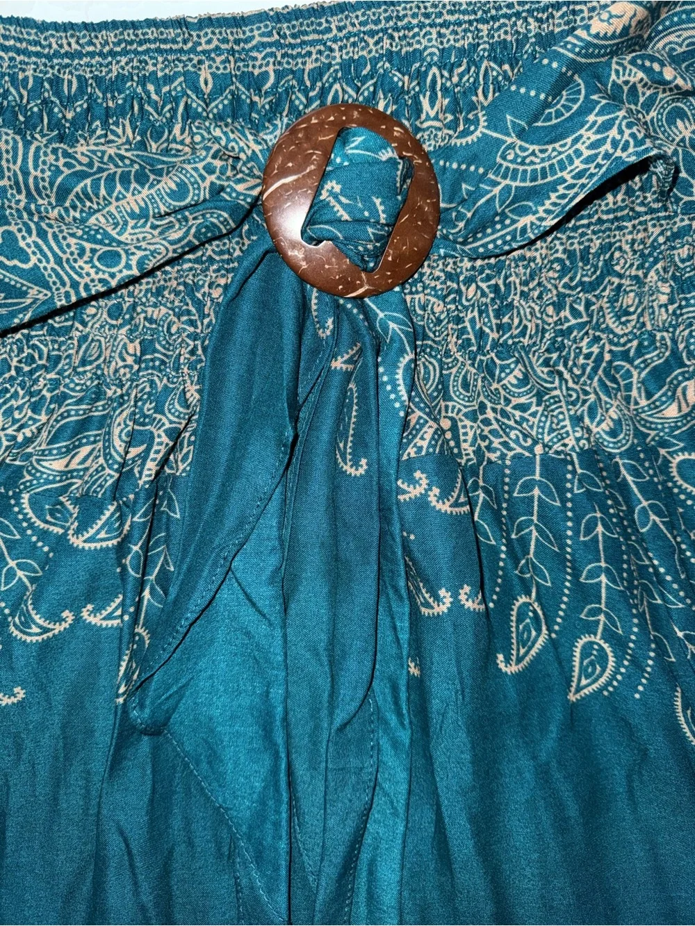 Teal Embroidered Maxi Skirt with Smocked Waist and Tie